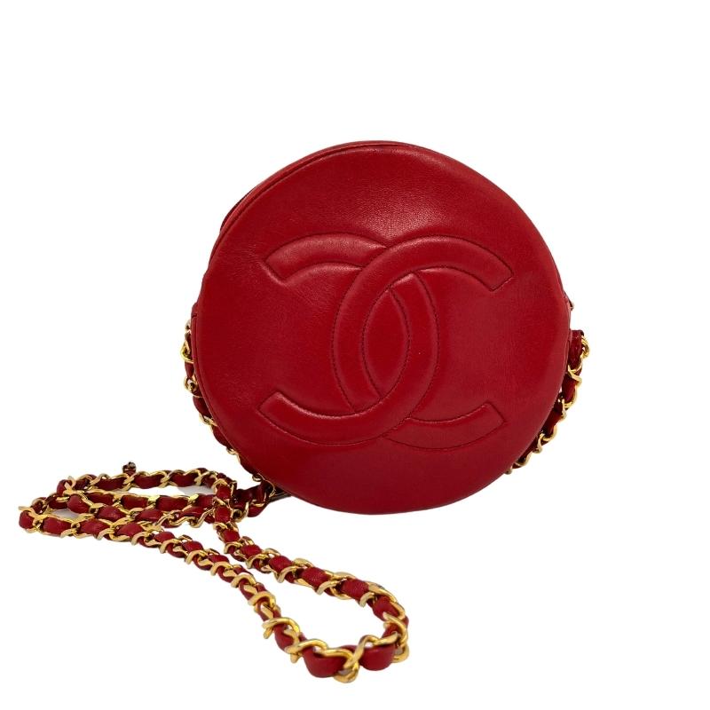 Chanel Round Red Chain Bag, Red Leather Exterior, Interlocking CC Logo, Chain Link Accent, Gold Tone Hardware, Grosgrain Lining, Zip Closure at Top, Single Interior Pocket, Condition: Excellent