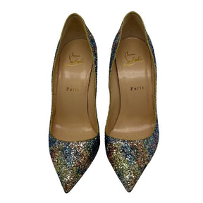 Christian Louboutin glitter heels, size 38.5, pointed toe, multicolor glitter accent, stiletto heel, signature red bottoms, condition excellent, front view