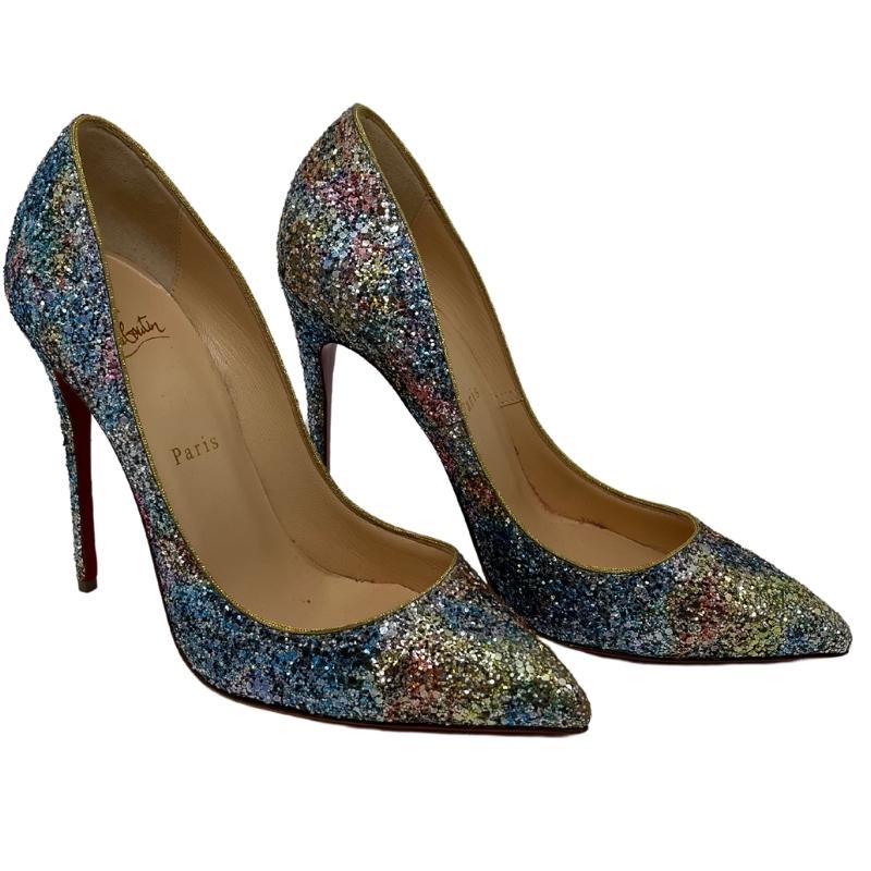 Christian Louboutin glitter heels, size 38.5, pointed toe, multicolor glitter accent, stiletto heel, signature red bottoms, condition excellent, side view