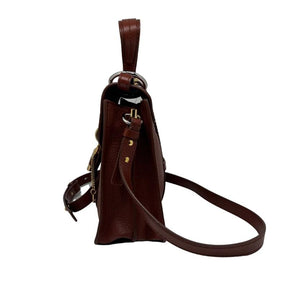 Chloe small aby day bag, brown leather exterior, gold hardware, chloe lock and key at front closure, adjustable shoulder strap, top handle, twill lining, dual interior pockets, condition excellent, side view