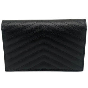 Back View: Calfskin Wallet on Chain with Chevron Stitching, Envelope Flat Top with YSL Logo, Snap Closure, Removable, adjustable chain and leather shoulder strap.