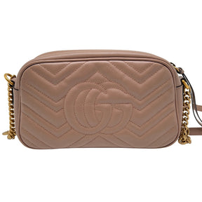 Back View: GG Imprinted on the Back, Gold-Toned Hardware, Double G, Adjustable Chain Shoulder Strap. 