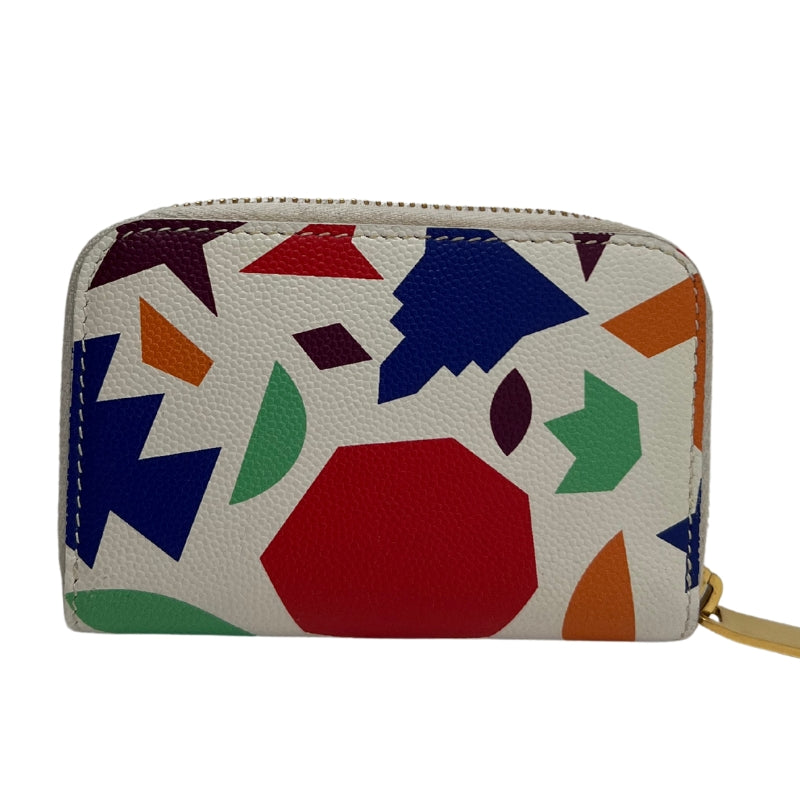 Back View: White Leather, Multicolor Printed Patterns, Gold-toned Hardware, Zip-around Closure.