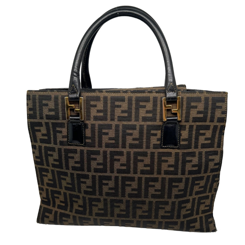 Back View: Zucca Pattern, Canvas Tote Bag, Brown Leather Handles, Gold-toned Hardware. 