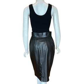 Chanel Lambskin Leather Pencil Skirt, Size 4/S, Black Lambskin Leather, Front Zipper Details Back Slit, Chanel Button Details, Condition: Excellent
