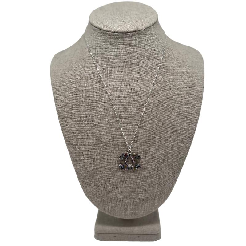 designer button necklace, authentic rhinestone chanel logo button, silver chain