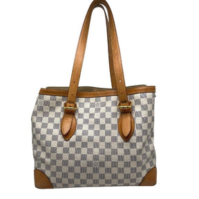 Louis Vuitton damier azure hampstead tote, brass hardware, dual adjustable shoulder straps, clasp closure at top, checker print coated canvas exterior, alcantara lining, felt insert, three interior pockets, condition excellent, back view