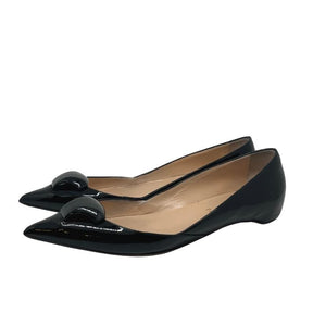 Christian Louboutin Patent Leather Pointed Toe Flats, Size 40.5, Black Patent Leather Exterior, Leather Interior, Signature Red Leather Sole, Pointed Toe, Padded Insole, Condition Excellent, Wear On Bottom Pictured Above