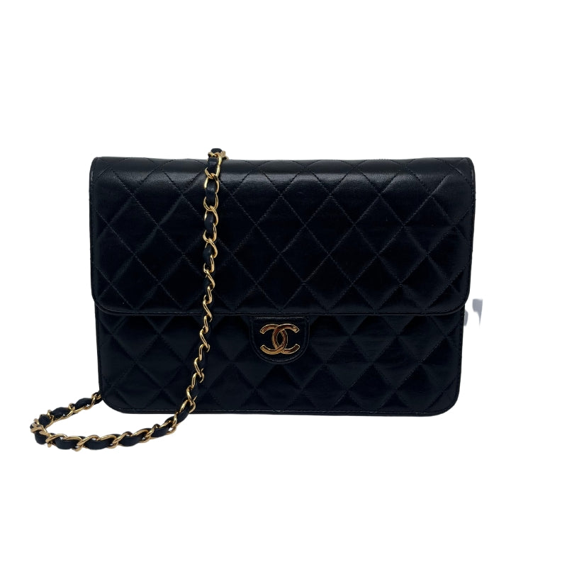 Chanel Lambskin Quilted Push Lock 25 Bag, Black Quilted Leather, Gold-Tone Hardware, Interlocking CC Logo, Chain Strap, Push Lock Closure, Single Interior Pocket, Leather Lining, Box Included, Condition: Good, Minor Scratching Pictured