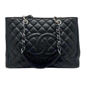 Chanel Caviar Grand Shopping Tote, Black Quilted Leather Exterior, Silver Tote Hardware, Single Exterior Pocket, Chain Link Shoulder Straps, Satin Lining, Three Interior Pockets, Open Top, Interior Zipper Pocket, condition good