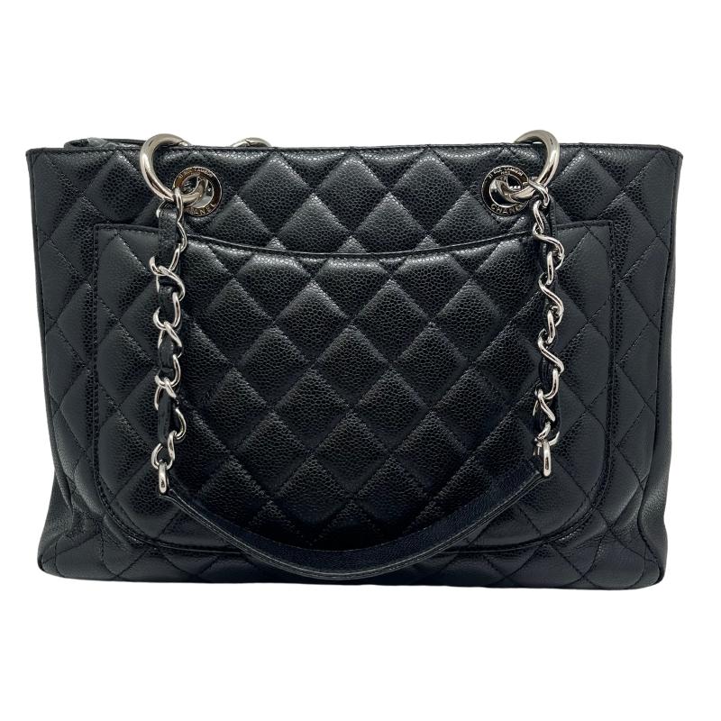 Chanel Caviar Grand Shopping Tote, Black Quilted Leather Exterior, Silver Tote Hardware, Single Exterior Pocket, Chain Link Shoulder Straps, Satin Lining, Three Interior Pockets, Open Top, Interior Zipper Pocket, condition good