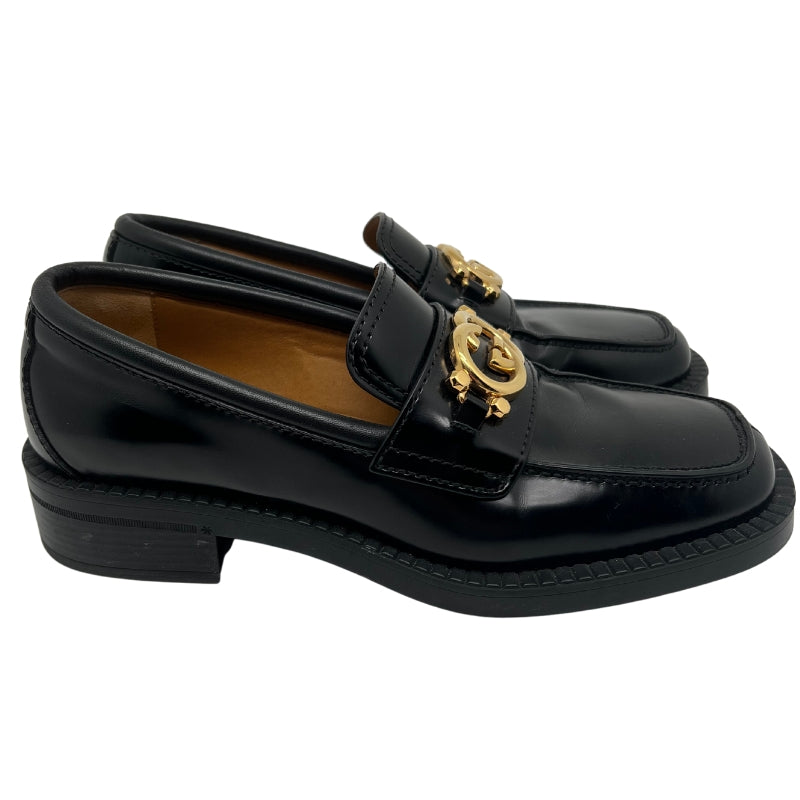 Gucci GG Chunky Loafers,Size 39, Shiny Black Leather, Gold-Toned Hardware, Interlocking G with Studs,Low Heel, Heel Height: 1", Condition: Excellent.