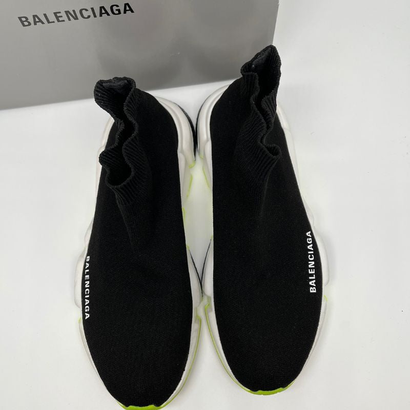 Balenciaga Speed Trainer Sock Sneakers in black with white rubber trim and chartreuse rubber soles. Size 40, great condition