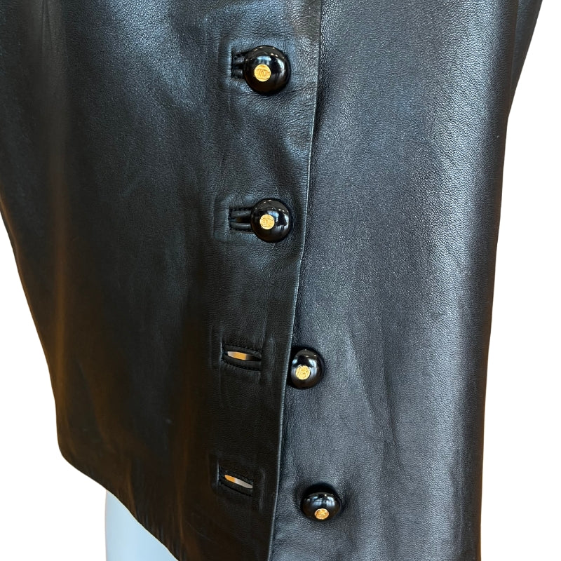 Chanel Lambskin Leather Pencil Skirt, Size 4/S, Black Lambskin Leather, Front Zipper Details Back Slit, Chanel Button Details, Condition: Excellent