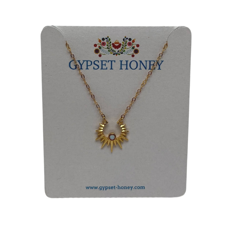 Gypset Honey Opalite Pendant Necklace  Gold-Plated  Clasp Closure  Evil Eye Charm  Sun Beam Charn  Circle Beam Charm  Opalite Jewel Center