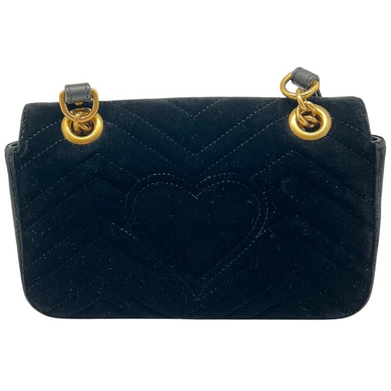 Gucci Velvet Matelasse Medium GG Marmont Shoulder Bag, Chevron-Quilted Soft Velvet in Black, Aged Gold Shoulder Strap, Leather Shoulder Pad, Aged Gold GG Interlocking Closure, Pink Satin Interior, Patch Pockets, condition excellent