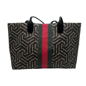 Gucci caleido medium tote, coated canvas exterior, gg logo with black pattern on top, red and green stripe down middle, dual leather shoulder straps, bee embellishment on front, black leather lining, open top, zipper interior pocket, condition excellent, back view