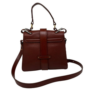Chloe small aby day bag, brown leather exterior, gold hardware, chloe lock and key at front closure, adjustable shoulder strap, top handle, twill lining, dual interior pockets, condition excellent, back view