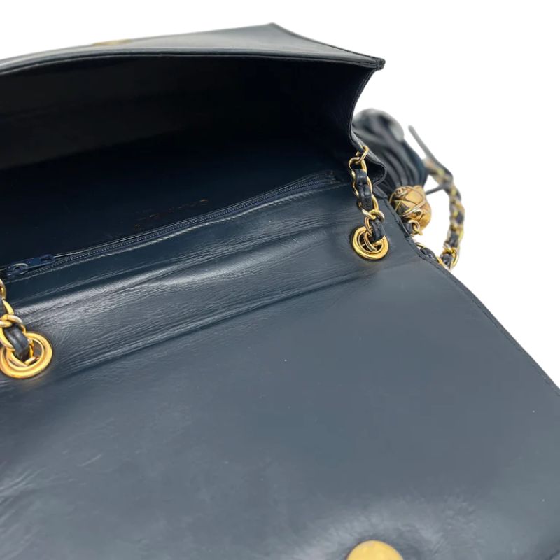 Chanel Vintage Navy Satin Leather Quilted Tassel Flap Bag
