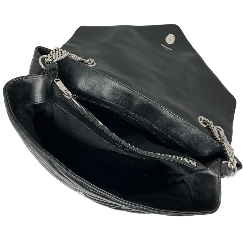 YSL Medium Lou Lou Matelassè Shoulder Bag with black leather, silver tone hardware, dual interior pockets, and dual chain link shoulder straps. Excellent condition
