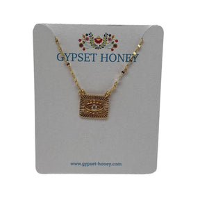 Gypset Honey Opalite Pendant Necklace  Gold-Plated  Clasp Closure  Evil Eye Charm  Sun Beam Charn  Circle Beam Charm  Opalite Jewel Center