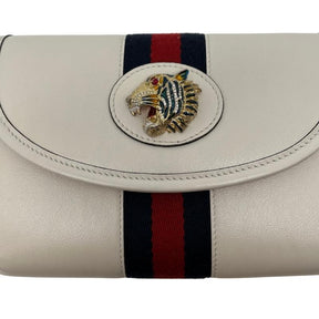 Gucci mini rajah chain bag, white leather exterior, green and red stripe down middle, gold hardware, gold tiger embellishment at front center, chain strap, suede lining, card slots, flap closure with snap at front, condition excellent, front view