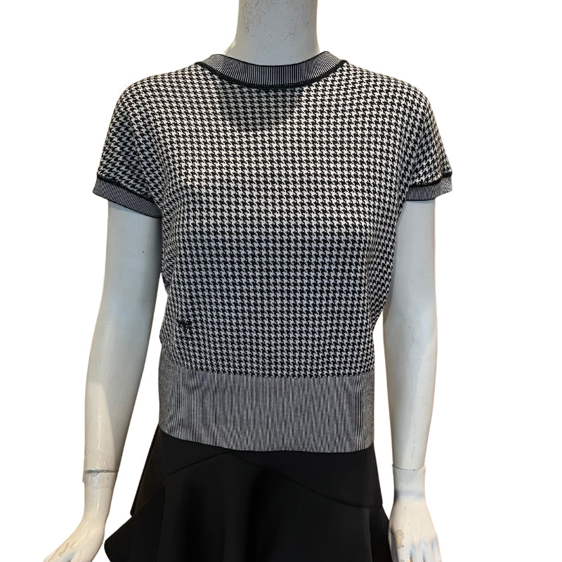 Christian Dior Houndstooth Knit Short-Sleeved Sweater, Size 8, Cashmere and Silk Knit, Black and White Houndstooth Motif, Ribbed Hem and Sleeve Cuff, Embroidered Bee Detail, Made In Italy, 70% cashmere, 30% silk (16-gauge), Condition: Excellent
