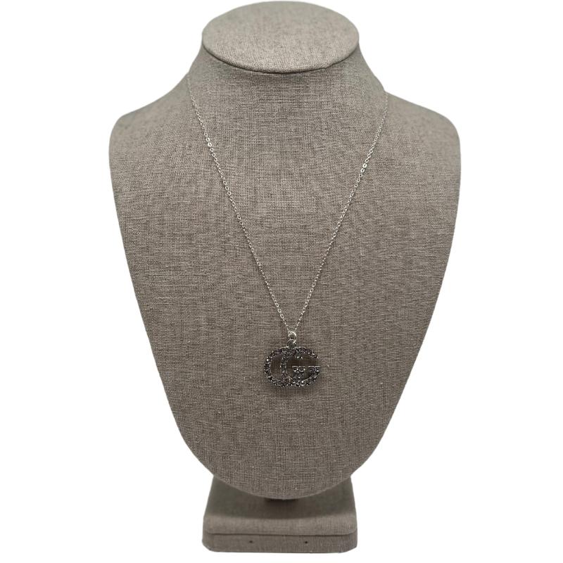 designer button necklace, authentic rhinestone gucci logo button, silver chain