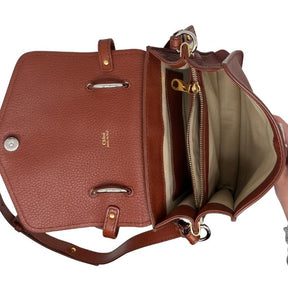 Chloe small aby day bag, brown leather exterior, gold hardware, chloe lock and key at front closure, adjustable shoulder strap, top handle, twill lining, dual interior pockets, condition excellent, top view