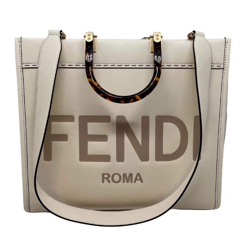Fendi Sunshine Medium Tote, Bone Colored Leather, Gold-Finish Hardware, Stiff Tortoiseshell-Effect Plexiglass Handles, Hot-Stamped FENDI ROMA Lettering on Exterior, condition excelllent