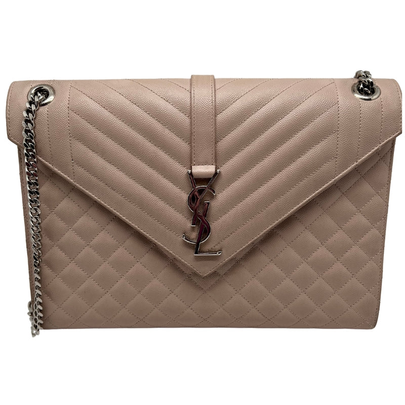 Front View: Front Flap and Magnetic Snap Closure, Metal YSL Initial Closure, Horizontal and Vertical Quilted Overstitching, Leather and Chain Strap, Silver-toned Hardware. 