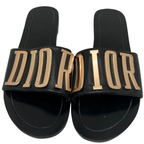 Dior Diorevolution Slides| Size 41| Black Leather| "DIOR" Logo Detail| Leather Sole| Condition: Excellent. 
