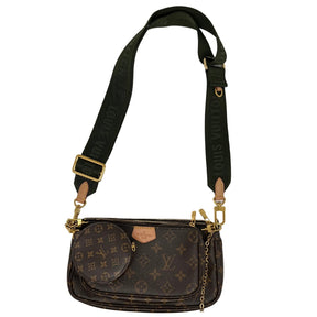 Front view: Louis Vuitton Multi Pochette Hybrid Crossbody Bag. Removable Coin Purse. Removable Mini Pochette Assessories. Removable Pochette Assessories. Chain Removable Strap. Army Green Removable Strap. Monogram Coated Canvas. Gold-Color Hardware.
