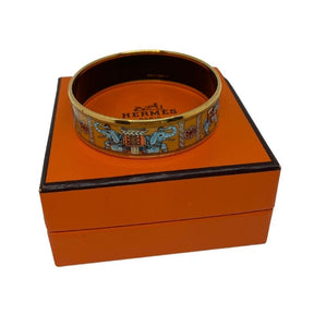 Hermes vintage wide enamel bangle, 18K Yellow Gold-Plated Brass, printed enamel, condition excellent 