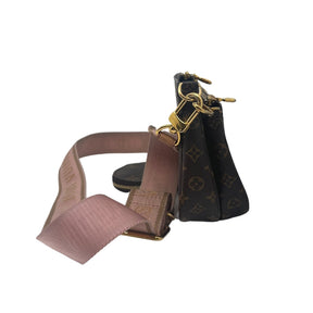 Louis Vuitton Monogram Multi Pochette Accessoires Bag Brown Monogram Pattern Brass Hardware Leather Trim Dual Shoulder Straps - Light Pink Canvas Lining & Dual Interior Pockets Zip Closure at Top Includes Coin Purse