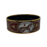Hermes Bracelet Enamel, Burgundy and Gold, Horses Motif, Circumference: 21 cm, Width: 2.1 cm, Condition: Excellent. 