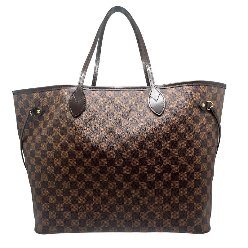 Louis Vuitton Damier Ebene Neverfull GM, Louis Vuitton tote bag, brown checker print exterior, coated leather exterior, brass hardware, dark brown leather trim, dual shoulder straps, clasp closure at top, jacquard lining, single interior pocket, front view