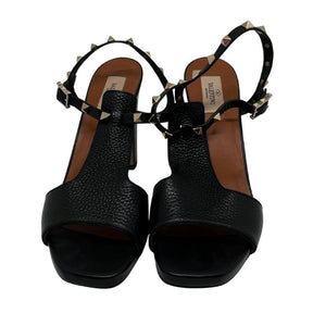 Valentino Rockstud Accent Leather T-Strap Heels, Size: 39.5, Black Leather, Block Heels, Buckle Closure at Ankle, Heel Height: 4.25", Condition: Great