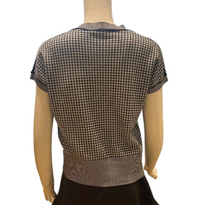 Christian Dior Houndstooth Knit Short-Sleeved Sweater, Size 8, Cashmere and Silk Knit, Black and White Houndstooth Motif, Ribbed Hem and Sleeve Cuff, Embroidered Bee Detail, Made In Italy, 70% cashmere, 30% silk (16-gauge), Condition: Excellent