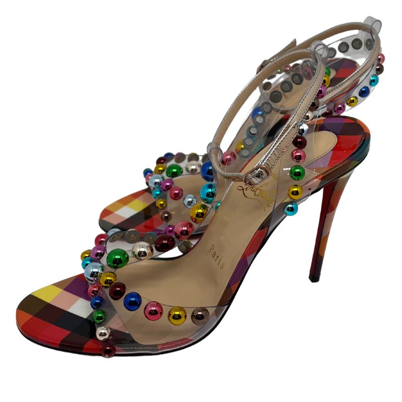 Christian Louboutin Heels, size 37.5, multicolor check print & beads, rose gold metallic ankle strap, great condition