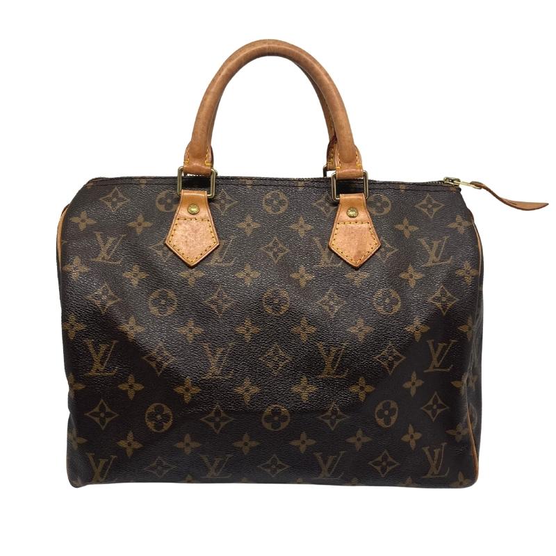 Louis Vuitton logo speedy 30, brown monogram coated canvas exterior, rolled handles, top zipper closure, canvas lining, single interior pocket, brass hardware, condition good, front view