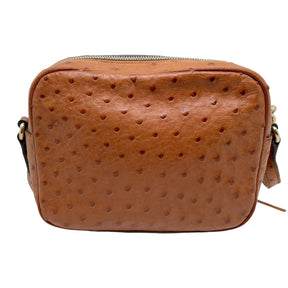Back View: Ostrich Leather, Gold Tone Hardware, Single Adjustable Strap, Zip Closure.