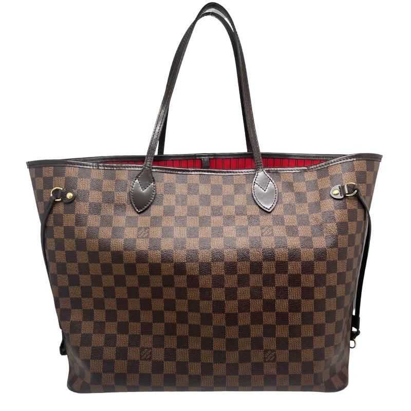 Louis Vuitton Damier Ebene Neverfull GM, Louis Vuitton tote bag, brown checker print exterior, coated leather exterior, brass hardware, dark brown leather trim, dual shoulder straps, clasp closure at top, jacquard lining, single interior pocket, back view