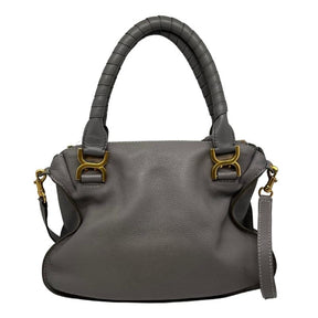 Chloe leather marcie bag, grey soft leather exterior, rolled dual handles, detachable shoulder strap, gold hardware, top zip closure, flap front closure with tassel, dual interior pockets, condition excellent, back view