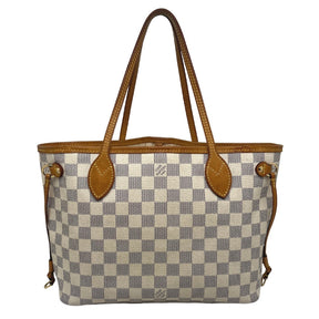 Louis Vuitton Damier Azur Neverfull PM, Coated Canvas Exterior, Damier Azur Pattern, Brass Hardware, Dual Shoulder Straps, Canvas Lining, Single Interior Pocket, Clasp Closure at Top