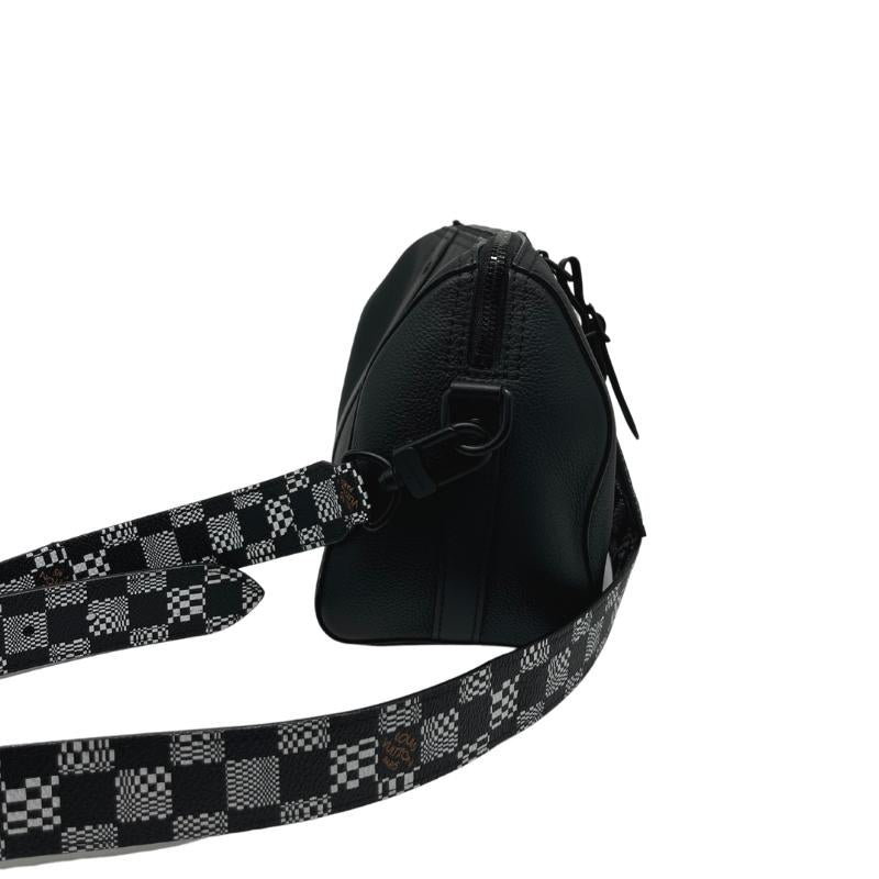 Louis Vuitton 2021 Distorted Damier City Keepall XS Bandouliere, Black Leather Exterior, Graphic Print Details, Tonal Hardware, Single Adjustable Shoulder Strap, Canvas Lining, Single Interior Pocket, Zip Closure at Top, condition excellent