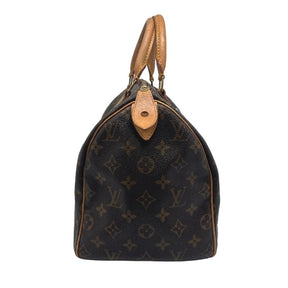 Louis Vuitton logo speedy 30, brown monogram coated canvas exterior, rolled handles, top zipper closure, canvas lining, single interior pocket, brass hardware, condition good, side view