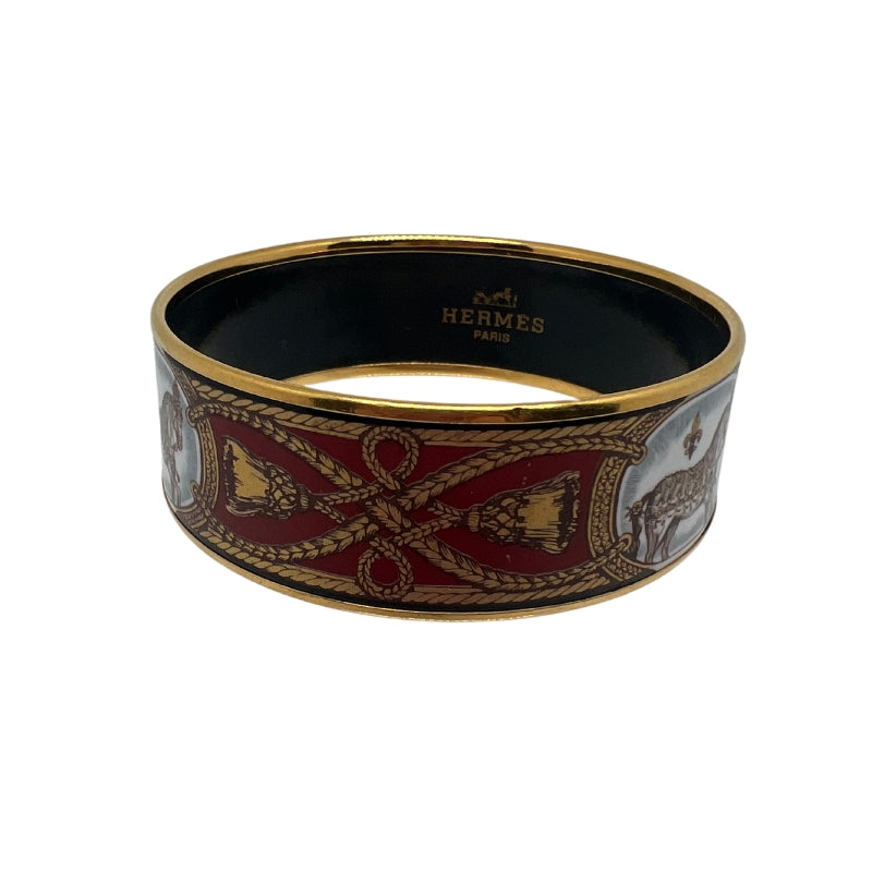 Hermes Bracelet Enamel, Burgundy and Gold, Horses Motif, Circumference: 21 cm, Width: 2.1 cm, Condition: Excellent.