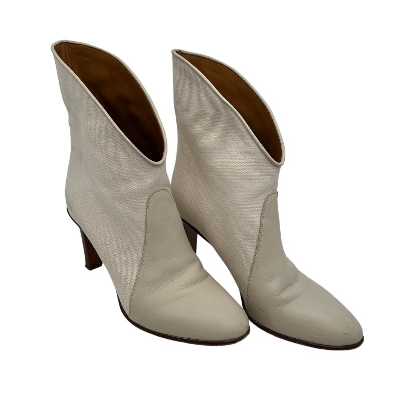 Chloe Canvas Western Boots in neutral canvas with leather trim, slightly pointed toe, and 3.5" heel. Size 38, great condition