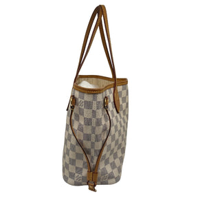 Louis Vuitton Damier Azur Neverfull PM, Coated Canvas Exterior, Damier Azur Pattern, Brass Hardware, Dual Shoulder Straps, Canvas Lining, Single Interior Pocket, Clasp Closure at Top